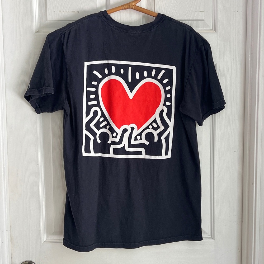 Keith Haring Black Pop Art T-Shirt Large Unisex Double Sided Heart Earth